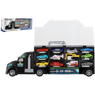 Auto kamion přepravník + dopravní prostředky plast 50cm na volný chod v krabici 51x18x10cm