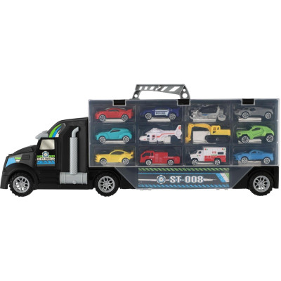 Auto kamion přepravník + dopravní prostředky plast 50cm na volný chod v krabici 51x18x10cm