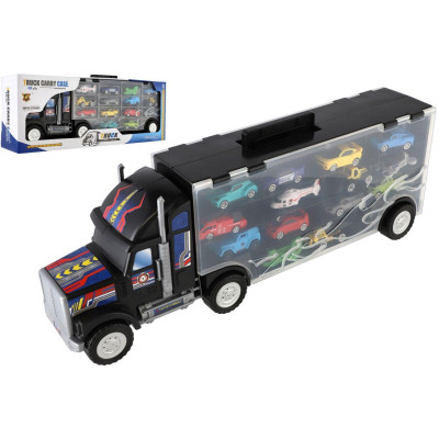 Auto kamion přepravník + dopravní prostředky 14ks plast 57cm na volný chod v krabici 59x22x13cm